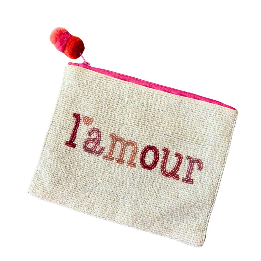 Two's Company L’Amour Beaded Canvas Zip Pouch | French Love Makeup Bag w Pom Pom